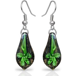 BESHEEK Handmade Earrings Murano Glass Inspired Unique Blue Green Teardrop Flower Glass Dangle Drop Earrings for Women Hypoallergenic Earrings Jewelry