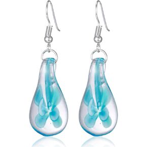 BESHEEK Handmade Earrings Murano Glass Inspired Unique Blue Green Teardrop Flower Glass Dangle Drop Earrings for Women Hypoallergenic Earrings Jewelry