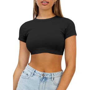 Womens Crop Tops Crewneck Y2K Summer T-Shirt Basic Short Sleeve Fitted Knit Ribbed Casual Blouse Cute Tee Shirt