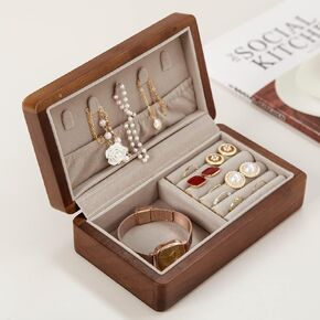 Delicate Walnut Jewelry Box | Small Jewelry Travel Case | Portable Vintage Jewelry Organizer | Quality Wooden Jewellery Collections Holder for Rings Earrings Necklace Storage Boxes for Girls Women in Kuwait