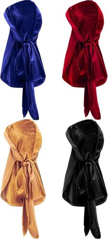 Tatuo 4 Pieces Men's Velvet Durag with Long Tail Soft Durag Headwraps for 360 Waves (Black, Green, Red, Royal Blue) in Kuwait
