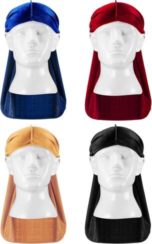 Tatuo 4 Pieces Men's Velvet Durag with Long Tail Soft Durag Headwraps for 360 Waves (Black, Green, Red, Royal Blue) in Kuwait