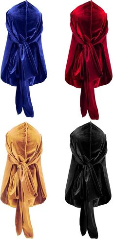 Tatuo 4 Pieces Men's Velvet Durag with Long Tail Soft Durag Headwraps for 360 Waves (Black, Green, Red, Royal Blue) in Kuwait