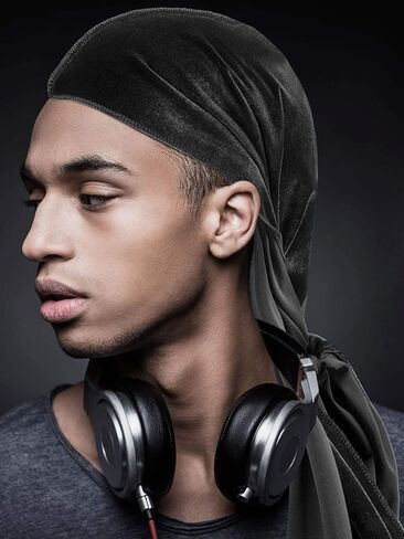 Tatuo 4 Pieces Men's Velvet Durag with Long Tail Soft Durag Headwraps for 360 Waves (Black, Green, Red, Royal Blue) in Kuwait