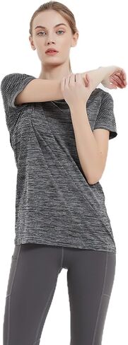 قمصان Hooxum للتمرين بأكمام قصيرة، قمصان رياضية للنساء، قمصان رياضية خفيفة الوزن ومسامية ويوجا وفتحة رقبة دائرية in Kuwait