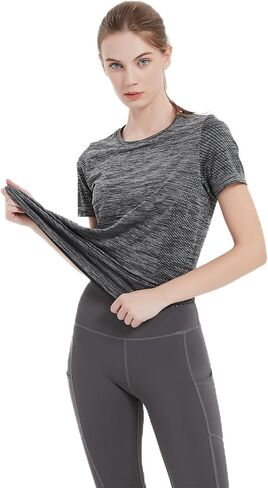 قمصان Hooxum للتمرين بأكمام قصيرة، قمصان رياضية للنساء، قمصان رياضية خفيفة الوزن ومسامية ويوجا وفتحة رقبة دائرية in Kuwait