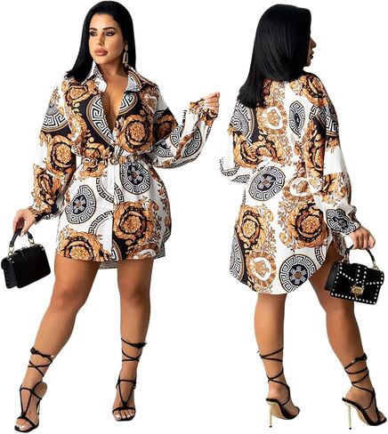 Women's Floral Button Down Shirt Dresses Casual Oversized Long Sleeve Button up Blouses Tops Mini Dress in Kuwait