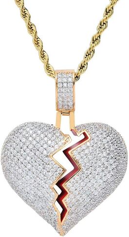 TSANLY Broken Heart Pendant Necklace Hip Hop CZ Fully Iced Out Bling CZ Diamond 24K White Gold Plated with 24" Stainless Rope Chain in Kuwait