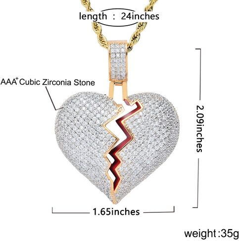 TSANLY Broken Heart Pendant Necklace Hip Hop CZ Fully Iced Out Bling CZ Diamond 24K White Gold Plated with 24" Stainless Rope Chain in Kuwait