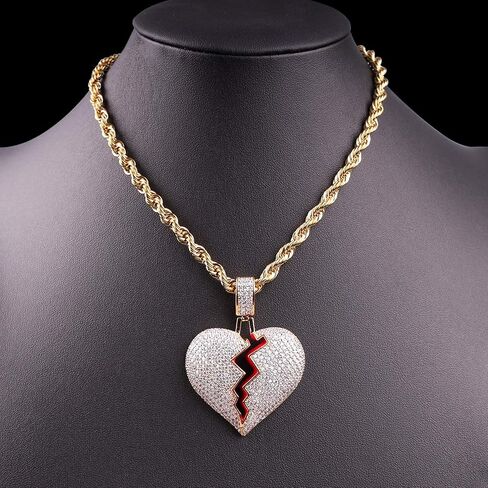 TSANLY Broken Heart Pendant Necklace Hip Hop CZ Fully Iced Out Bling CZ Diamond 24K White Gold Plated with 24" Stainless Rope Chain in Kuwait