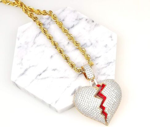 TSANLY Broken Heart Pendant Necklace Hip Hop CZ Fully Iced Out Bling CZ Diamond 24K White Gold Plated with 24" Stainless Rope Chain in Kuwait