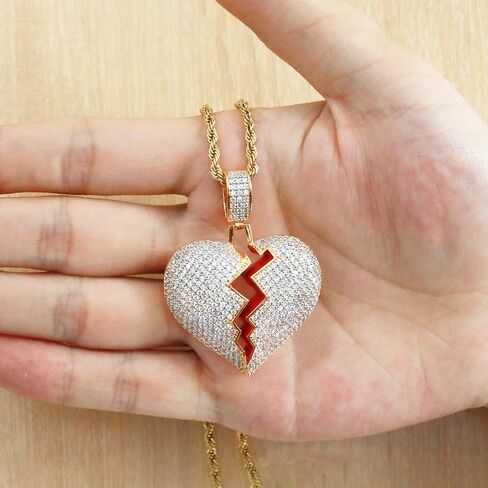 TSANLY Broken Heart Pendant Necklace Hip Hop CZ Fully Iced Out Bling CZ Diamond 24K White Gold Plated with 24" Stainless Rope Chain in Kuwait