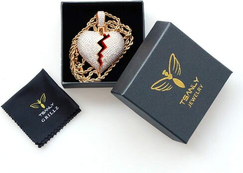 TSANLY Broken Heart Pendant Necklace Hip Hop CZ Fully Iced Out Bling CZ Diamond 24K White Gold Plated with 24" Stainless Rope Chain in Kuwait