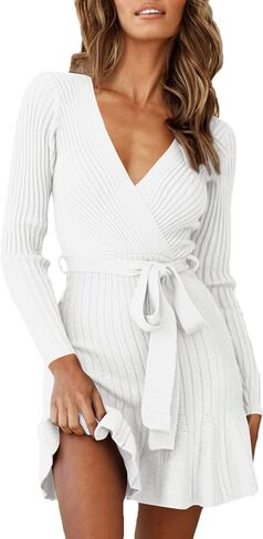 فستان سترة VamJump نسائي برقبة على شكل V وأكمام طويلة وحاشية مكشكشة محبوكة مع حزام in Kuwait