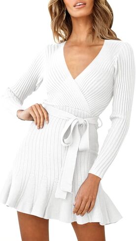 فستان سترة VamJump نسائي برقبة على شكل V وأكمام طويلة وحاشية مكشكشة محبوكة مع حزام in Kuwait