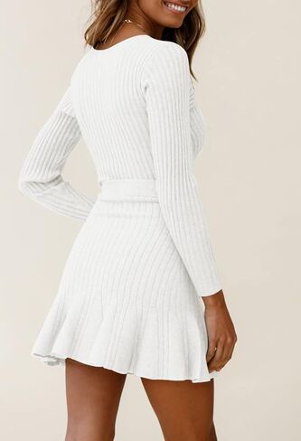 فستان سترة VamJump نسائي برقبة على شكل V وأكمام طويلة وحاشية مكشكشة محبوكة مع حزام in Kuwait