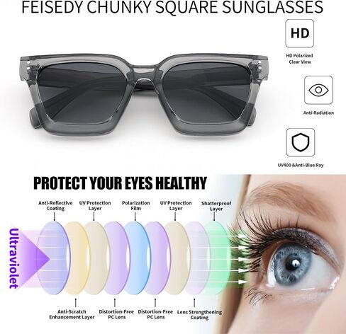 FEISEDY Sunglasses Men Women Polarized, Chunky Square Thick Frame, Rectangle UV400 Shade Sun Glasses B2396 in Kuwait