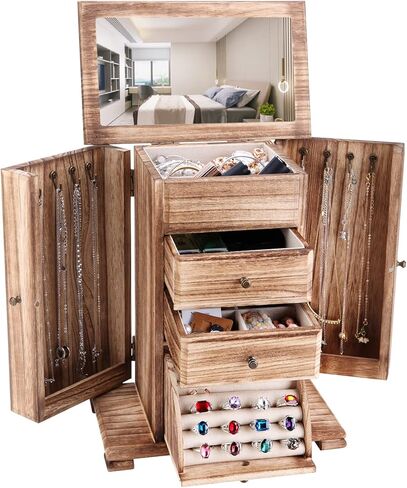 كيب فاين صندوق مجوهرات للنساء، صناديق مجوهرات خشبية ريفية مكونة من 4 طبقات ومنظمات للقلائد والاقراط والخواتم والاساور in Kuwait