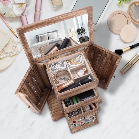 كيب فاين صندوق مجوهرات للنساء، صناديق مجوهرات خشبية ريفية مكونة من 4 طبقات ومنظمات للقلائد والاقراط والخواتم والاساور in Kuwait