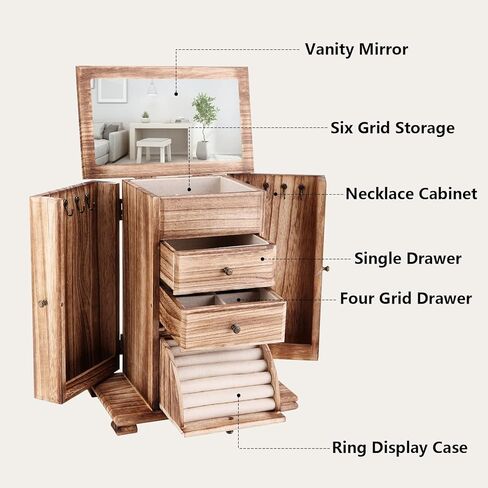 كيب فاين صندوق مجوهرات للنساء، صناديق مجوهرات خشبية ريفية مكونة من 4 طبقات ومنظمات للقلائد والاقراط والخواتم والاساور in Kuwait