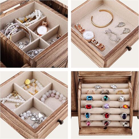 كيب فاين صندوق مجوهرات للنساء، صناديق مجوهرات خشبية ريفية مكونة من 4 طبقات ومنظمات للقلائد والاقراط والخواتم والاساور in Kuwait
