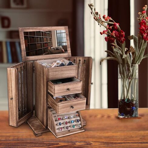 كيب فاين صندوق مجوهرات للنساء، صناديق مجوهرات خشبية ريفية مكونة من 4 طبقات ومنظمات للقلائد والاقراط والخواتم والاساور in Kuwait