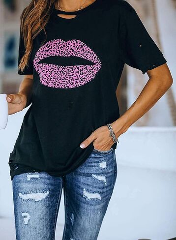 Uusollecy Womens Leopard Printed T Shirt Summer Short Sleeve Shirts Loose Casual Tops Crewneck Tee Top Blouses in Kuwait