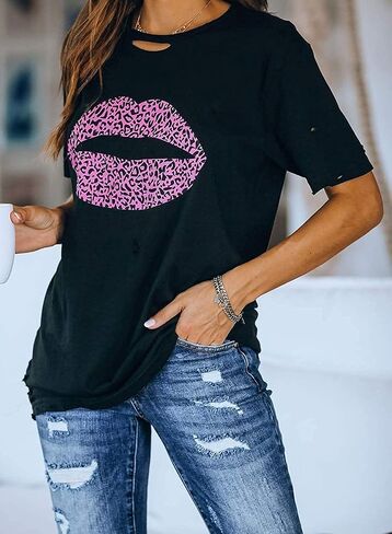Uusollecy Womens Leopard Printed T Shirt Summer Short Sleeve Shirts Loose Casual Tops Crewneck Tee Top Blouses in Kuwait