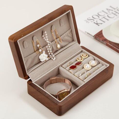 Delicate Walnut Jewelry Box | Small Jewelry Travel Case | Portable Vintage Jewelry Organizer | Quality Wooden Jewellery Collections Holder for Rings Earrings Necklace Storage Boxes for Girls Women in Kuwait
