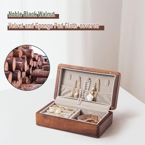 Delicate Walnut Jewelry Box | Small Jewelry Travel Case | Portable Vintage Jewelry Organizer | Quality Wooden Jewellery Collections Holder for Rings Earrings Necklace Storage Boxes for Girls Women in Kuwait