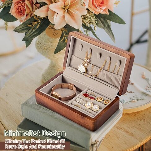Delicate Walnut Jewelry Box | Small Jewelry Travel Case | Portable Vintage Jewelry Organizer | Quality Wooden Jewellery Collections Holder for Rings Earrings Necklace Storage Boxes for Girls Women in Kuwait