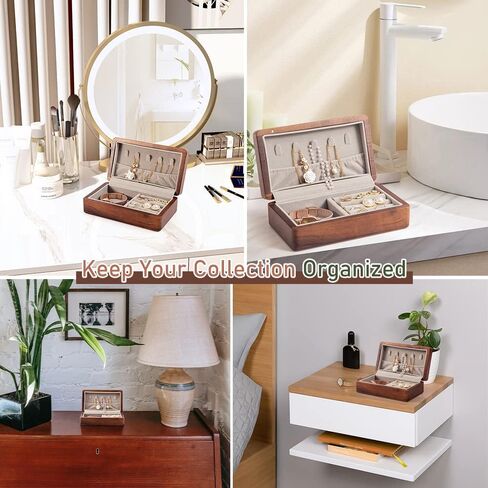 Delicate Walnut Jewelry Box | Small Jewelry Travel Case | Portable Vintage Jewelry Organizer | Quality Wooden Jewellery Collections Holder for Rings Earrings Necklace Storage Boxes for Girls Women in Kuwait