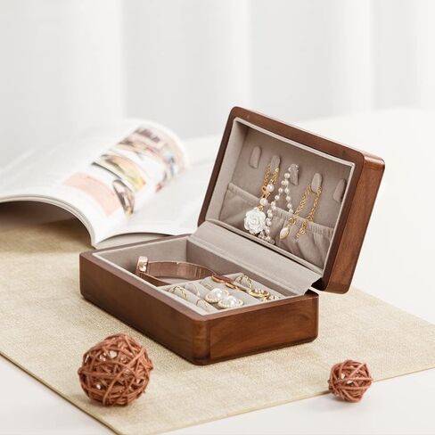 Delicate Walnut Jewelry Box | Small Jewelry Travel Case | Portable Vintage Jewelry Organizer | Quality Wooden Jewellery Collections Holder for Rings Earrings Necklace Storage Boxes for Girls Women in Kuwait