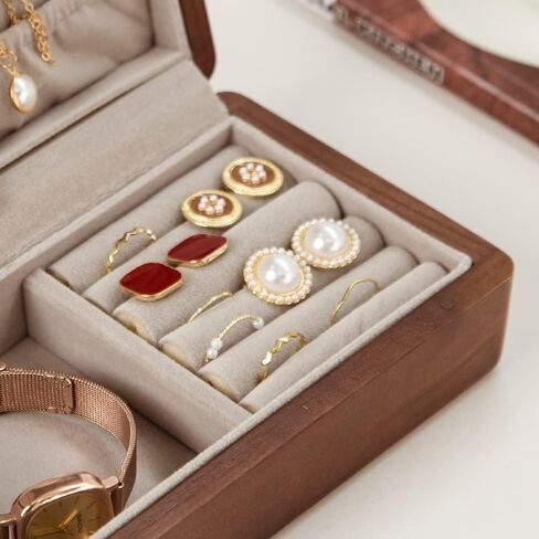 Delicate Walnut Jewelry Box | Small Jewelry Travel Case | Portable Vintage Jewelry Organizer | Quality Wooden Jewellery Collections Holder for Rings Earrings Necklace Storage Boxes for Girls Women in Kuwait