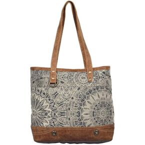 Boho Lace Print Upcycled Canvas and Genuine Leather Tote Bag in Saudi Arabia