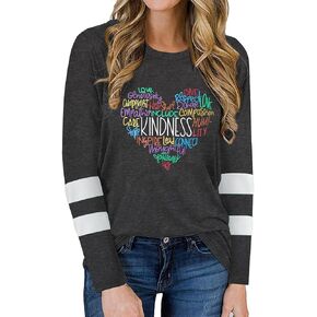 Anbech Women's Long Sleeve Graphic Tshirts Kindness Print Teacher Tops Round Neck Solid Color Blouse
