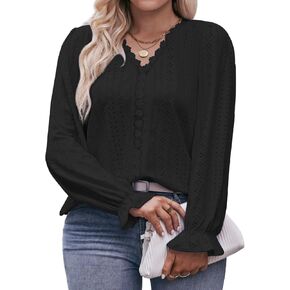VOGRACE Plus Size Tops for Women V Neck Ruffle Long Sleeve Eyelet T Shirt Trendy Lace Crochet Casual Hollow Blouses Tees