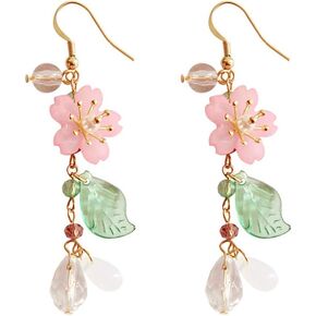 DOUBNINE Pink Flower Earrings Dangle Cherry Blossoms Sakura Floral Teardrop Lily Fairy Leaf Petal Drop Spring Women Accessories in Saudi Arabia