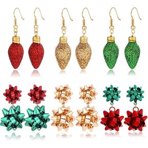 6pairs Christmas Drop Earrings Xmas Present Bow Earrings Glitter Light Bulb Dangle Earrings Christmas Jewelry Holiday Stud Earrings for Women Girls in Kuwait