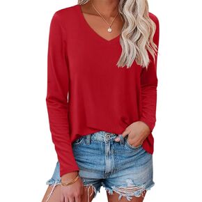 Micticsi Womens V Neck Long Sleeve T Shirts Casual Solid Color Basic Tee Tops Fall Clothes 2023