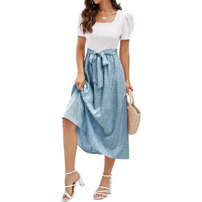 Women Casual Midi Dress Square Neck Short Sleeve Ribbed Teacher Church Modest Work Dress with Pockets