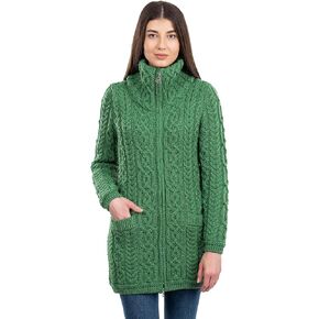 SAOL Ladies Irish Aran Zip Cardigan - 100% Merino Wool Ireland Coat with Pockets and Raised Collar