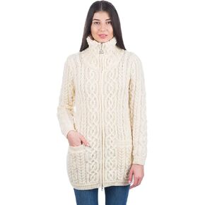 سترة SAOL للسيدات الأيرلندية آران بسحاب - معطف 100% من صوف ميرينو الأيرلندي مع جيوب وياقة مرتفعة in Kuwait