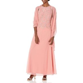 J Kara Women's Plus Size Sleeveless Beaded Pop Over Long Dress with Scarf