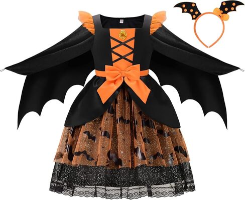 ReliBeauty Bat Costume for Girls with Wings,Bat Headbands Halloween Costume Dress Up,Black & Orange in Kuwait