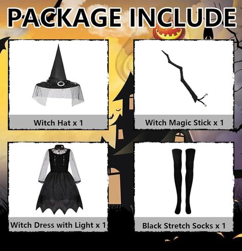 فستان تنكري ساحرة مضيء من أومبيفيل للفتيات والأطفال في الهالوين زي الأميرة الداكنة مع قبعة مدببة وجوارب عصا سحرية in Kuwait