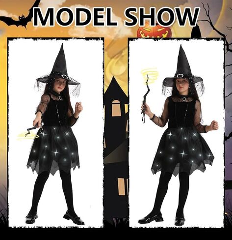 فستان تنكري ساحرة مضيء من أومبيفيل للفتيات والأطفال في الهالوين زي الأميرة الداكنة مع قبعة مدببة وجوارب عصا سحرية in Kuwait