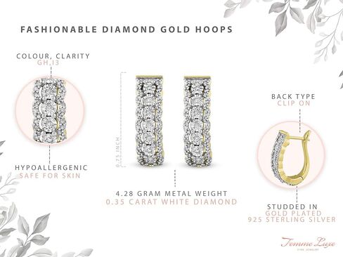 أقراط دائرية من الألماس على شكل حرف U للنساء من Femme Luxe 0.35 قيراط، مطلية بالذهب عيار 14 قيراط من الفضة الإسترلينية عيار 925، لا تسبب الحساسية in Kuwait