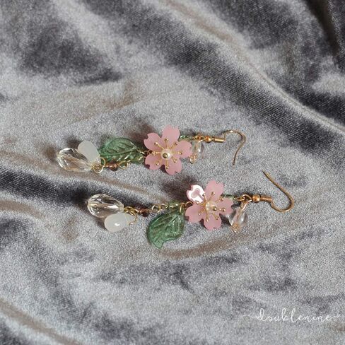 DOUBNINE Pink Flower Earrings Dangle Cherry Blossoms Sakura Floral Teardrop Lily Fairy Leaf Petal Drop Spring Women Accessories in Saudi Arabia