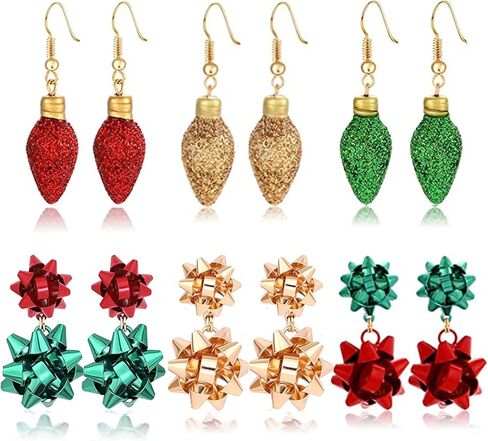 6pairs Christmas Drop Earrings Xmas Present Bow Earrings Glitter Light Bulb Dangle Earrings Christmas Jewelry Holiday Stud Earrings for Women Girls in Kuwait